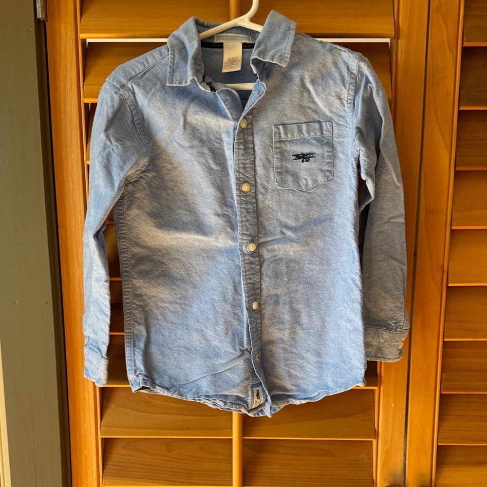 Janie and Jack Chambray Denim Button-Down Shirt with biplane embroidered size 6
